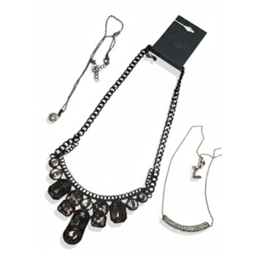 Charlotte Russe Statement Necklace Bundle Gunmetal Rhinestone Crystal 3 Pce Set